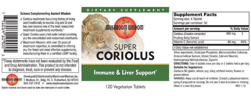 Super Coriolus 120 Vegetable Tablets- By Mushroom Wisdom