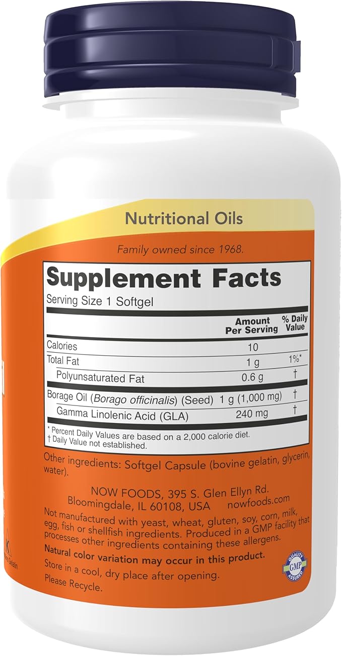 Borage Oil, Concentration GLA, 1,000 mg, 60 Softgels by NOW