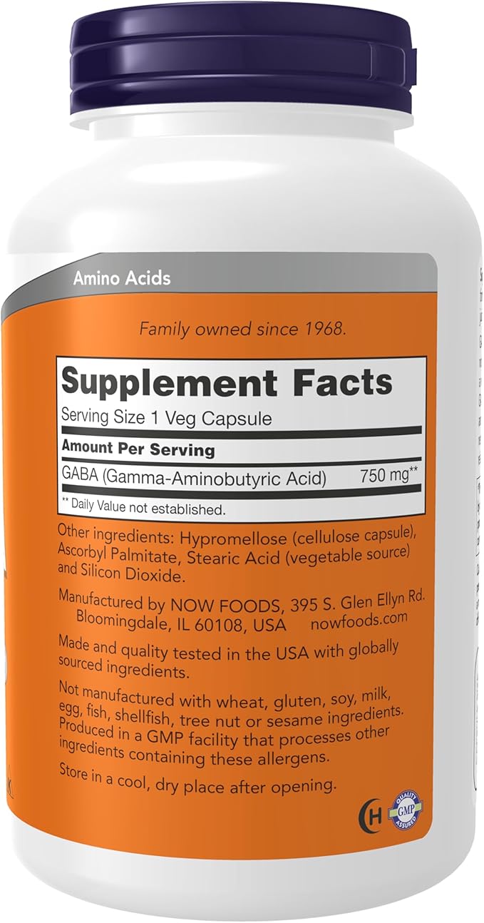 GABA 750 mg - 200 Veg Capsules by NOW