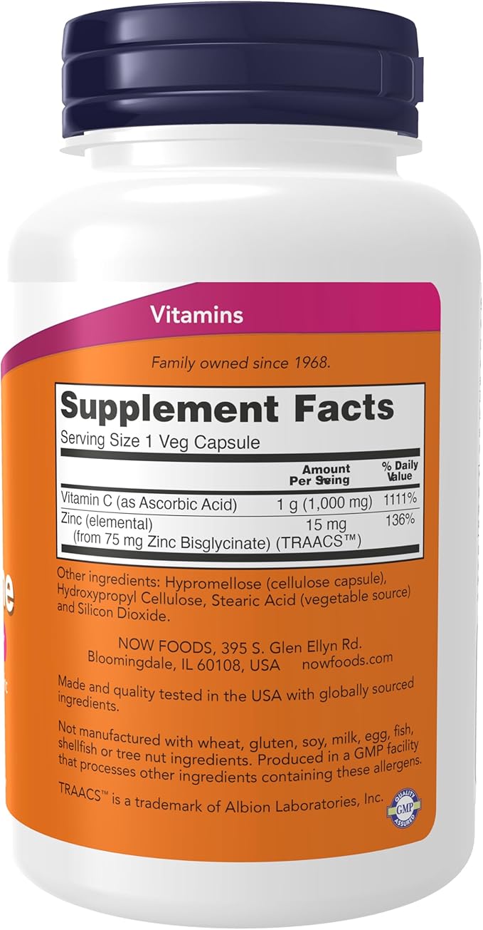 C-1000 Zinc Immune, Vitamin C, 1,000 mg & Zinc, 15 mg , 90 Veg Capsules by NOW