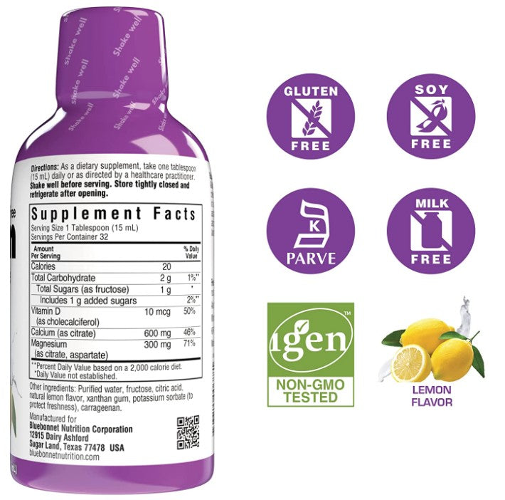Liquid Calcium Magnesium Citrate & Vitamin D3, Lemon 16 fl oz (473 ml), by Bluebonnet