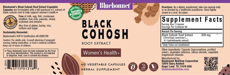 Black Cohosh Root Extract, 250 mg 60 Vegetable Capsules, by Bluebonnet