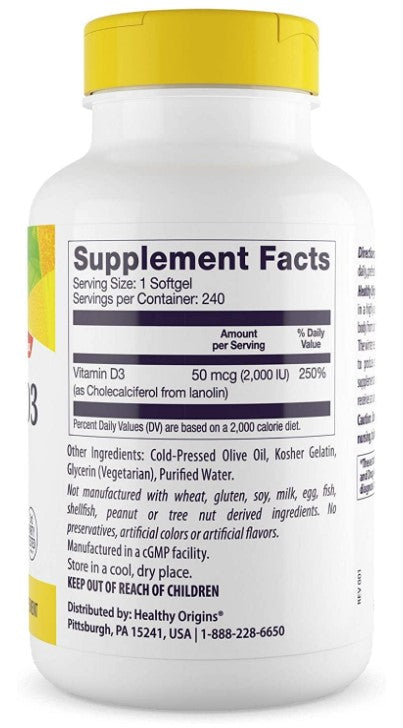 Vitamin D3 2000 IU (50mcg), 240 Softgels, by Healthy Origins