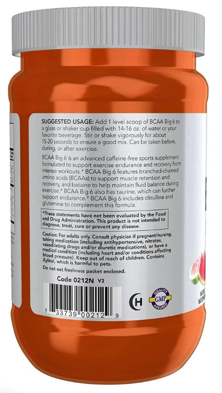 BCAA Big 6 Powder, Watermelon Flavor - 600 g (21.16 oz), by Now Sports