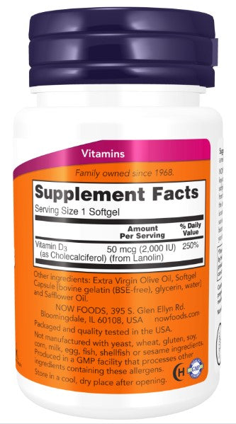 Vitamin D-3 50 mcg (2000 IU), 30 Softgels, by NOW