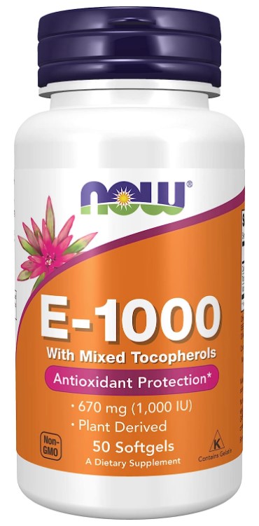 Natural E-1000 with Mixed Tocopherols, 670 mg (1,000 IU), 50 Softgels, by NOW