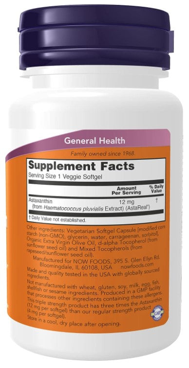 Triple Strength Astaxanthin, 12 mg, 60 Veggie Softgels, by NOW Foods