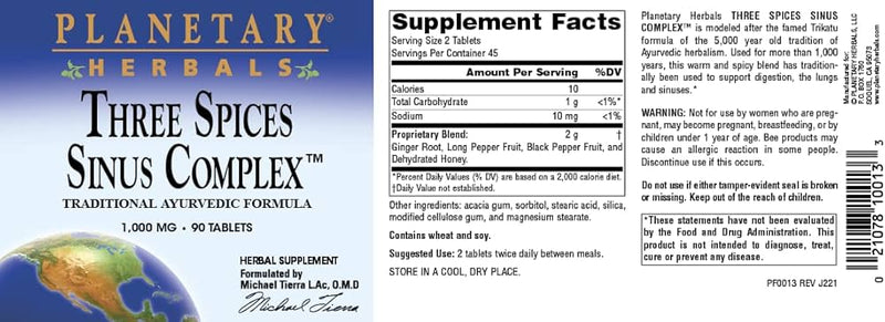 Three Spices Sinus Complex 1000 mg 90 Tablets by Planetary Herbals