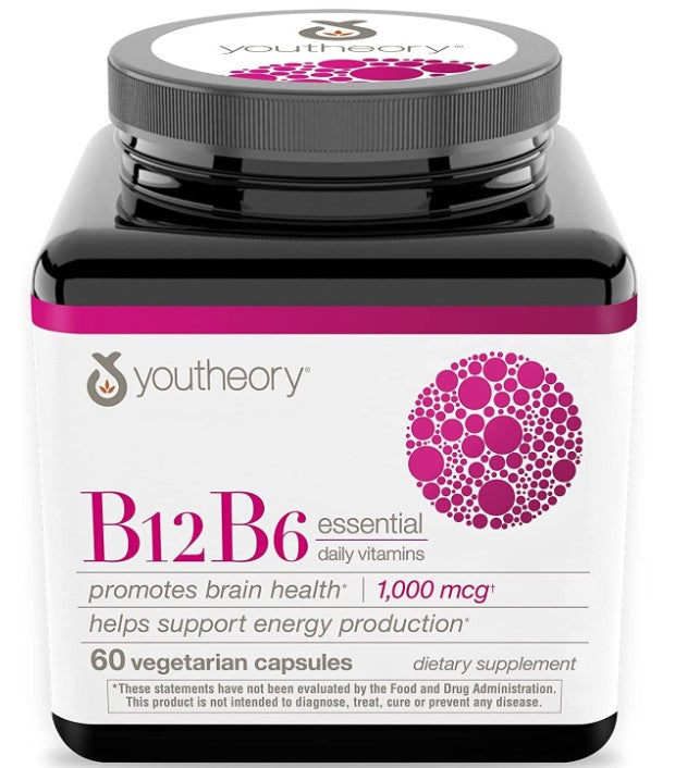 B12 B6, Essential Daily Vitamins, 1,000 mcg, 60 Vegetarian Capsules, by youtheory