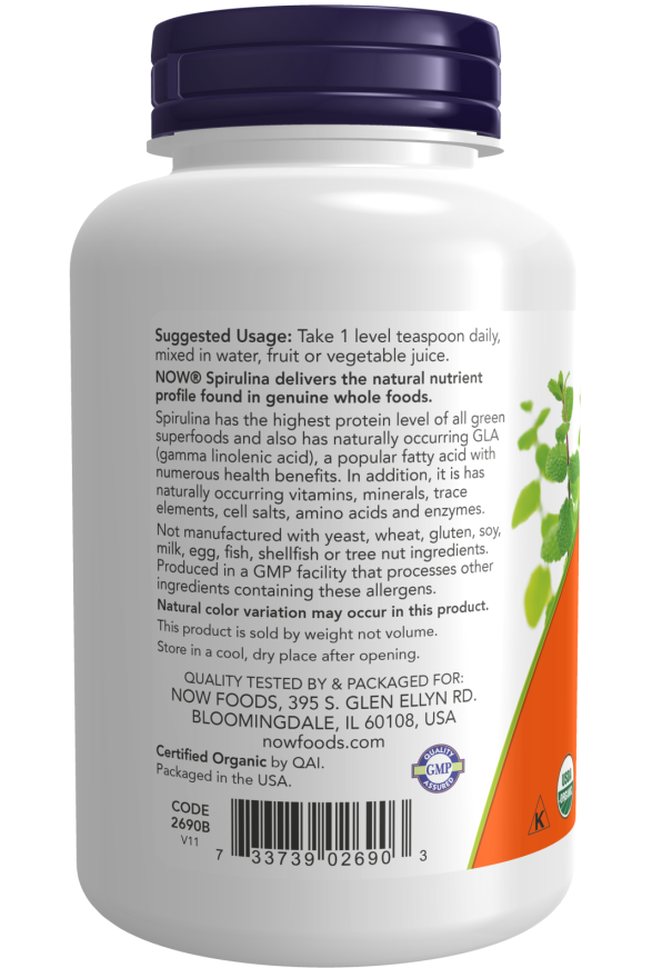 Certified Organic Pure Spirulina Powder 4 oz (113 g), by NOW Foods