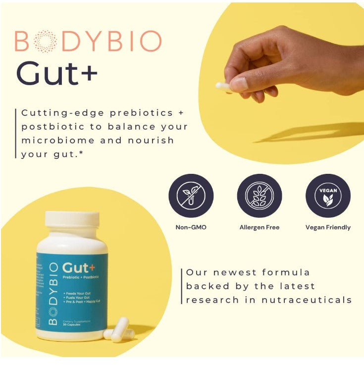 Gut+ Prebiotic + Postbiotic Supplement 500 mg 30 Capsules, by BodyBio