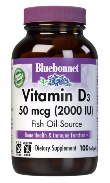 Vitamin D3 2000 IU 100 Softgels, by Bluebonnet