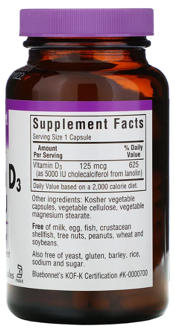 Vitamin D3, 125 mcg (5,000 IU), 120 Vegetable Capsule, by Bluebonnet
