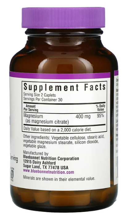 Magnesium Citrate 400 mg, 60 Caplets, by Bluebonnet