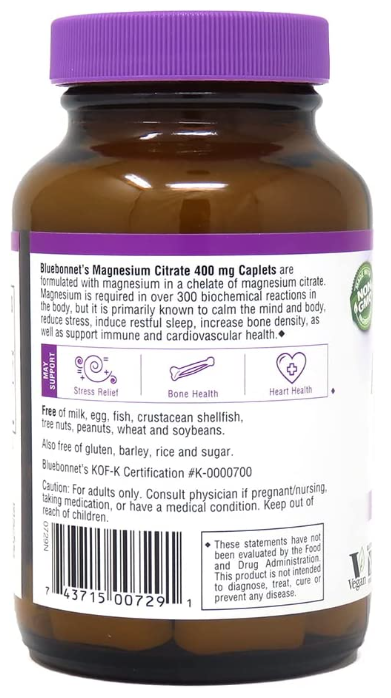 Magnesium Citrate 400 mg, 60 Caplets, by Bluebonnet