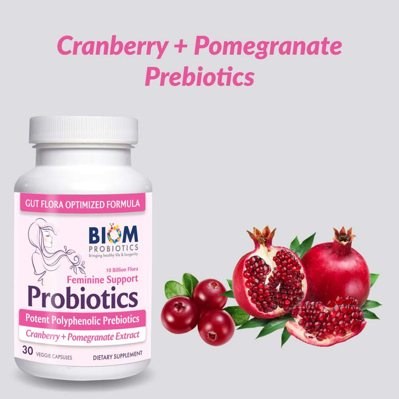 Feminine Support Probiotics - Potent Polyphenolic Prebiotics with Cranberry + Pomegranate Extract - 30 Veggie Capsules