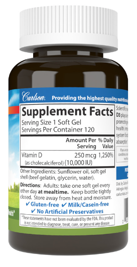 Vitamin D3, 10,000 IU (250 mcg), 120 Soft Gels, by Carlson