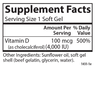 Vitamin D3, 4000 IU (100 mcg), 120 Soft Gels, by Carlson