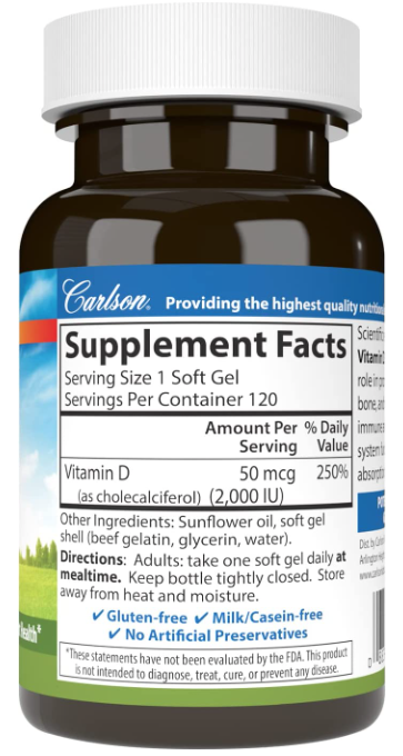 Vitamin D3, 2,000 IU (50 mcg), 120 Soft Gels, by Carlson