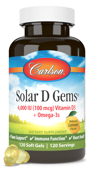 Solar D Gems 4000 IU (100 mcg) Vitamin D3 Plus Omega-3s 120 Soft Gels, by Carlson