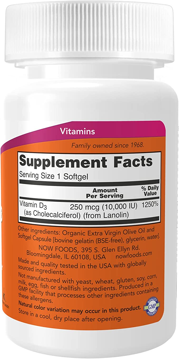 Vitamin D-3 250 mcg (10,000 IU) 240 Softgels by NOW