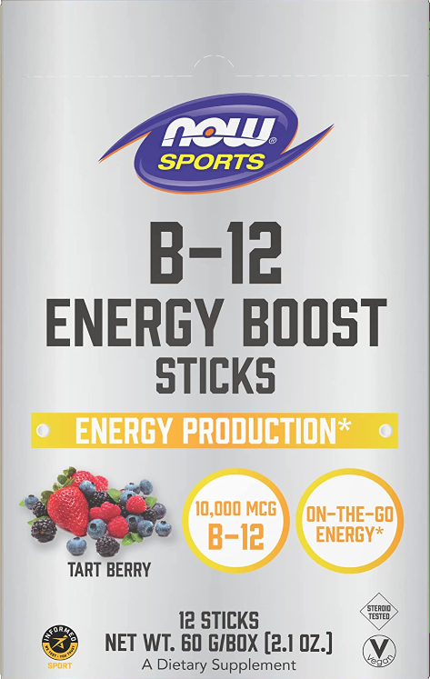 B-12 Energy Boost Sticks, Tart Berry, 10,000 mcg, 12 Sticks, 2.1 oz (60 g), by NOW