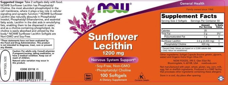 Sunflower Lecithin 1200 mg 100 Softgels, by NOW