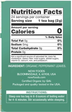 Organic Peppermint Tea, 24 Tea Bags, 1.7 oz (48 g), by NOW