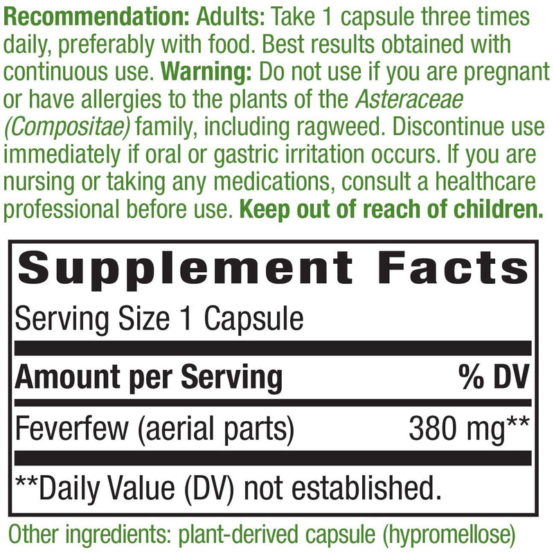 Feverfew Leaves 380 mg 180 Vegetarian Capsules
