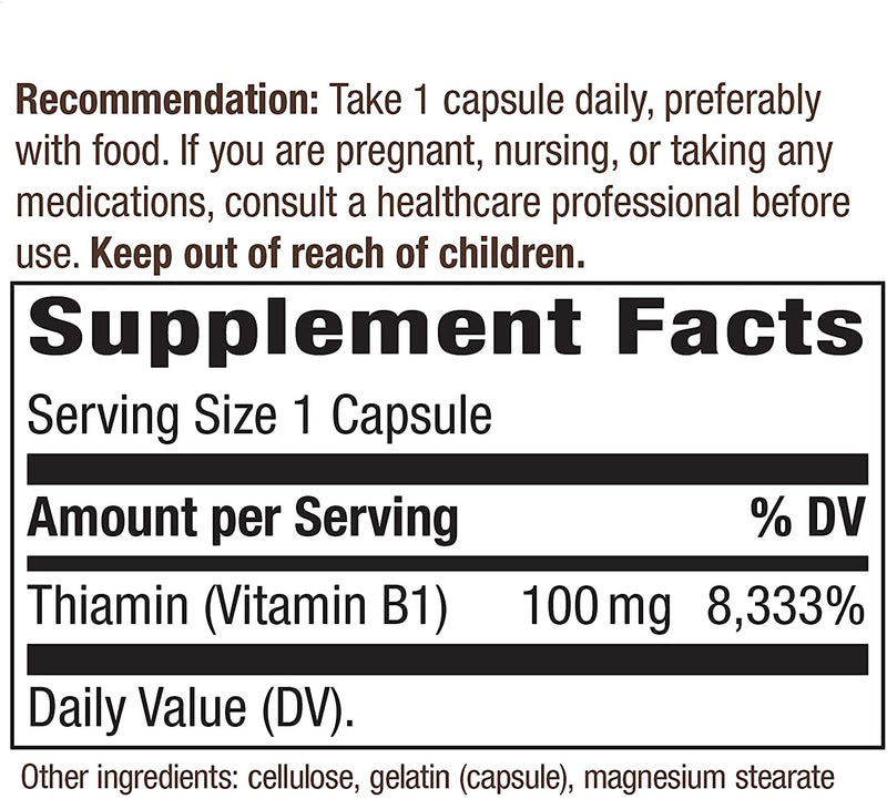 Vitamin B-1 Thiamin HCl 100 mg 100 Capsules