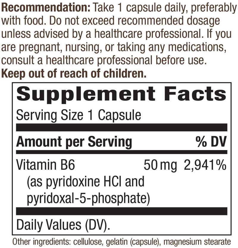 Vitamin B-6 Pyridoxine HCl 100 mg 100 Capsules