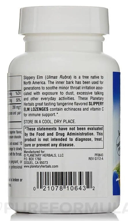 Slippery Elm with Echinacea & Vitamin C Tangerine Flavor 200 mg 100 Lozenges, by Planetary Herbals