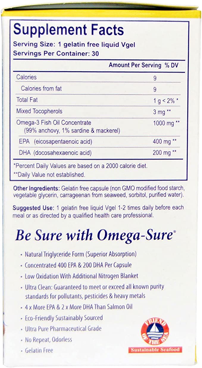 Paradise Herbs, Omega Sure, Omega-3 Concentrate, 1,000 mg, 30 Pesco Vegetarian Softgels