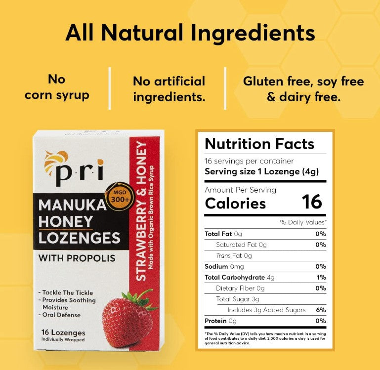 Manuka Honey & Propolis, Strawberry & Honey, Lozenges 16ct, by P.R.I