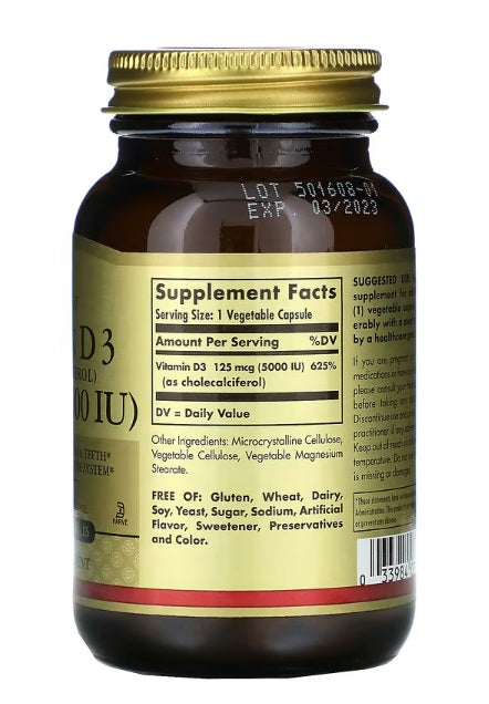 Vitamin D3 (Cholecalciferol) 125 mcg (5000 IU) 120 Vegetable Capsules