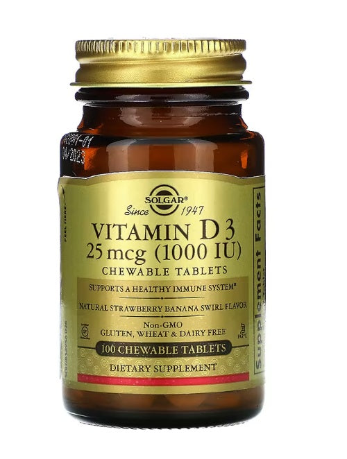 Vitamin D3 Natural Strawberry Banana Swirl Flavor 25 mcg (1,000 IU) 100 Chewable Tablets
