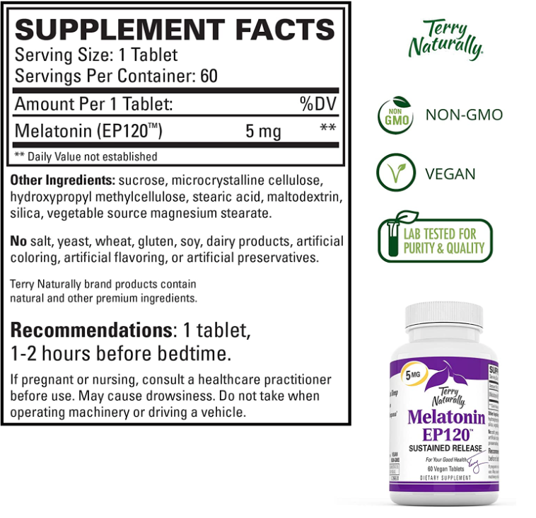 Terry Naturally Melatonin EP120 5 mg Sustained Release - 60 Vegan Tablets, by EuroPharma