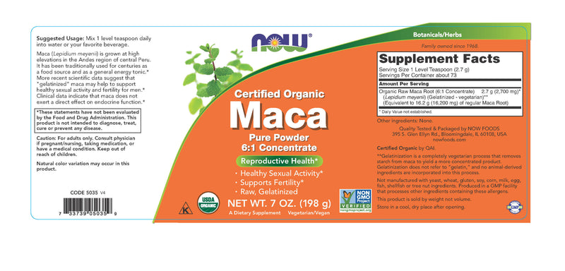 Maca Certified Organic Pure Powder 7 oz (198 g) | By Now Foods - Best Price
