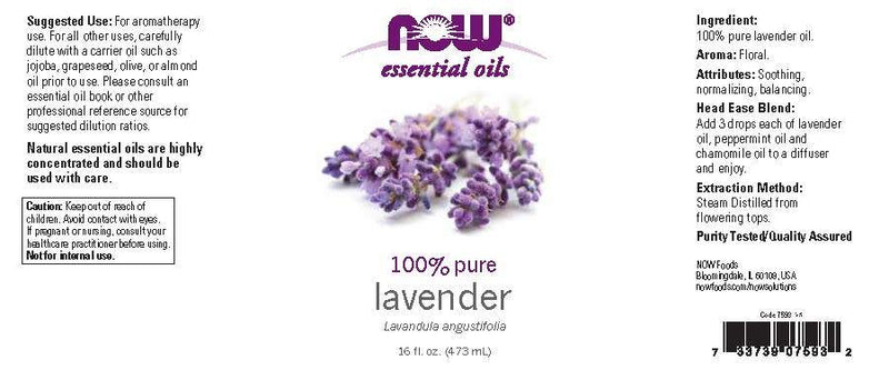 NOW Essential Oils, Lavender Oil, Soothing Aromatherapy Scent, Steam Distilled, 100% Pure, Vegan, Child Resistant Cap, 16-Ounce