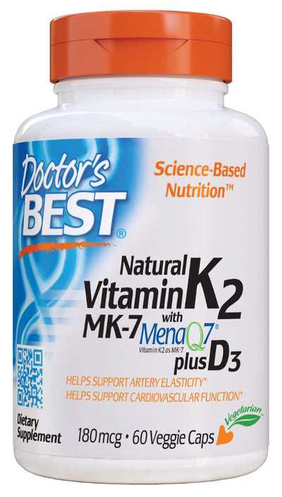 Natural Vitamin K2 MK-7 with MenaQ7 plus Vitamin D3 180 mcg 60 Veggie Caps