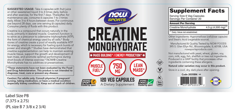 Now Sports, Creatine Monohydrate 750 mg 120 Capsules