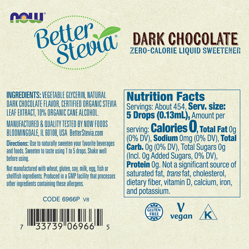 NOW Foods, Better Stevia Liquid Sweetener Dark Chocolate 2 fl oz (60 m