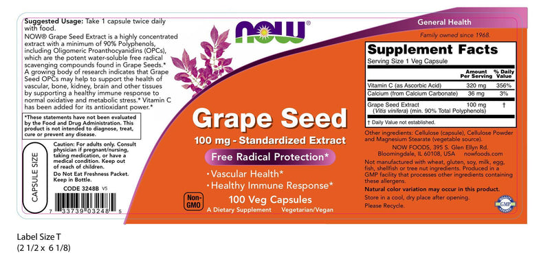 Grape Seed Standardized Extract 100 mg 100 Veg Capsules