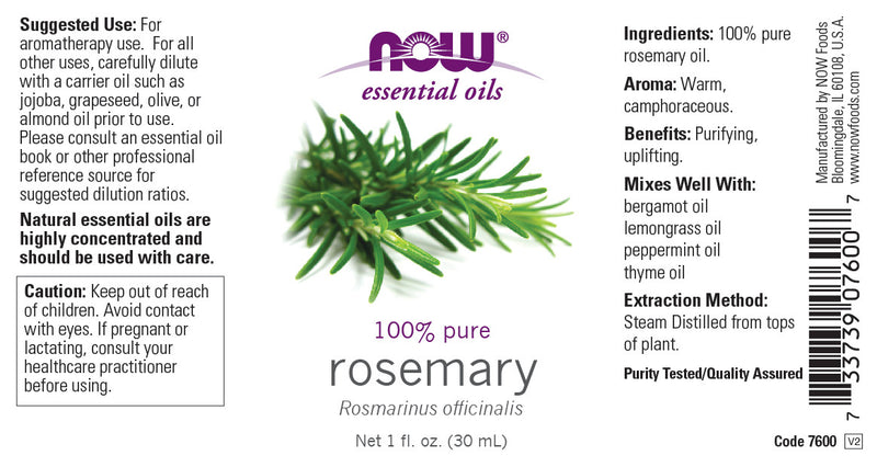 NOW Essential Oils, Rosemary Oil, Purifying Aromatherapy Scent, Steam Distilled, 100% Pure, Vegan, Child Resistant Cap, 1-Ounce