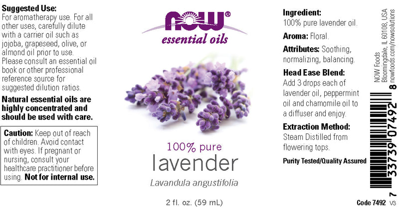 NOW Essential Oils, Lavender Oil, Soothing Aromatherapy Scent, Steam Distilled, 100% Pure, Vegan, Child Resistant Cap, 2-Ounce