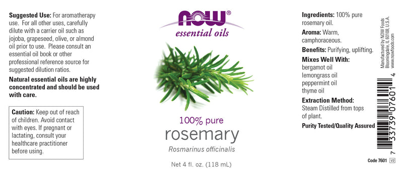 NOW Essential Oils, Rosemary Oil, Purifying Aromatherapy Scent, Steam Distilled, 100% Pure, Vegan, Child Resistant Cap, 4-Ounce