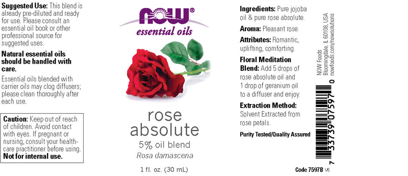 NOW Essential Oils, Rose Absolute, 5% Blend of Pure Rose Absolute Oil in Pure Jojoba Oil, Romantic Aromatherapy Scent, Vegan, Child Resistant Cap, 1-Ounce