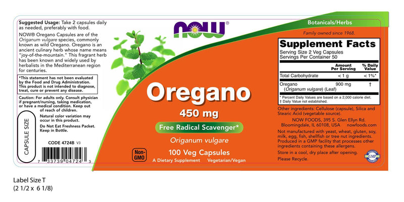 Oregano 450 mg 100 Veg Capsules | By Now Foods - Best Price