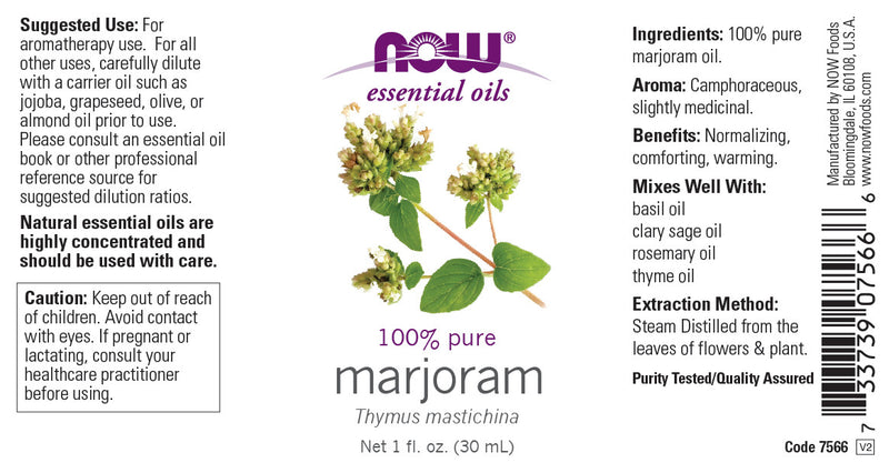NOW Essential Oils, Marjoram Oil, Normalizing Aromatherapy Scent, Cold Pressed, 100% Pure, Vegan, Child Resistant Cap, 1-Ounce
