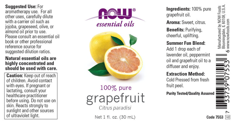 NOW Essential Oils, Grapefruit Oil, Sweet Citrus Aromatherapy Scent, Cold Pressed, 100% Pure, Vegan, Child Resistant Cap, 1-Ounce